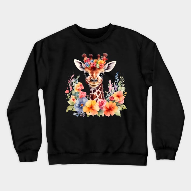 A baby giraffe decorated with beautiful watercolor flowers Crewneck Sweatshirt by CreativeSparkzz